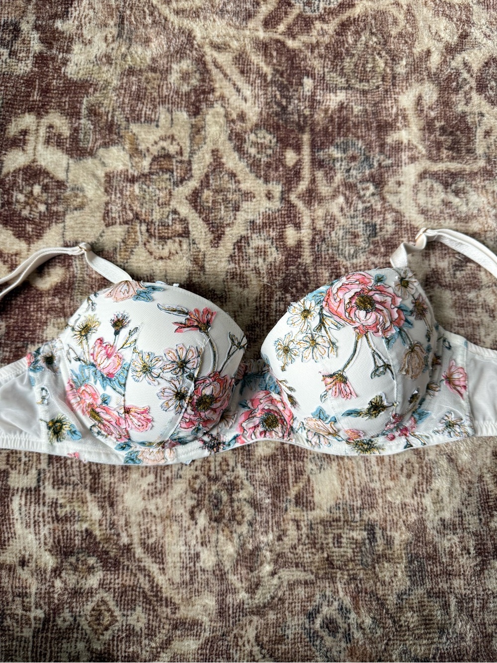 PINK Floral Lace Trim Underwire Lightly Lined Bra